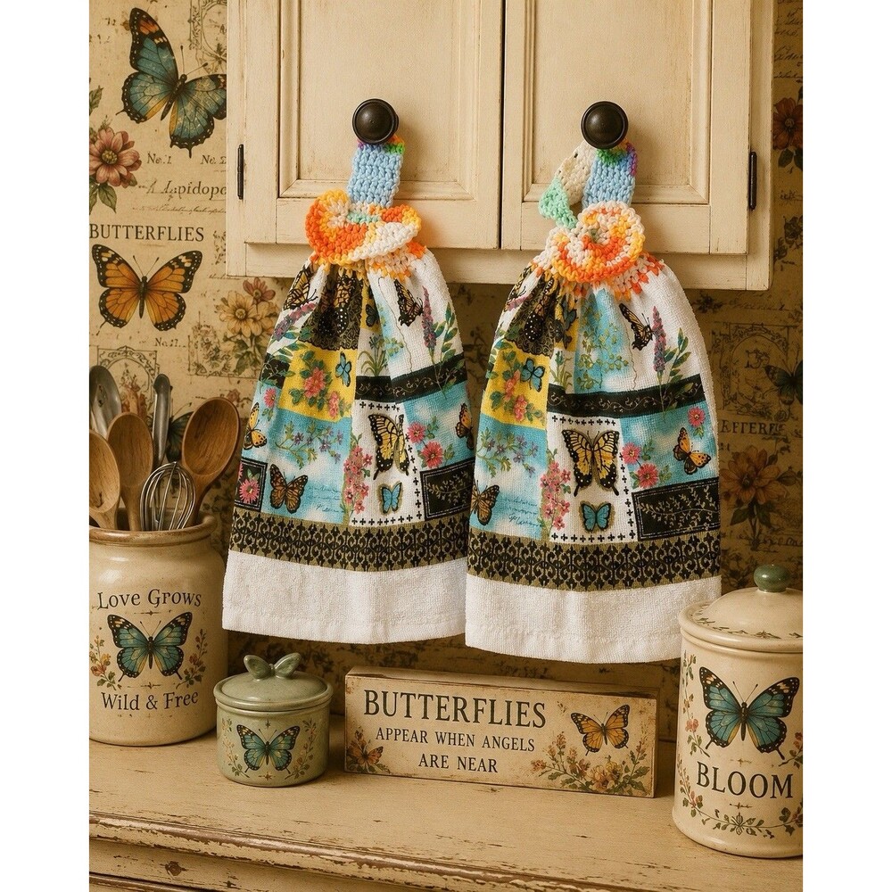 Set Of 2 Butterfly Hanging Kitchen Towels Crochet Top Cottagecore Decor Rustic